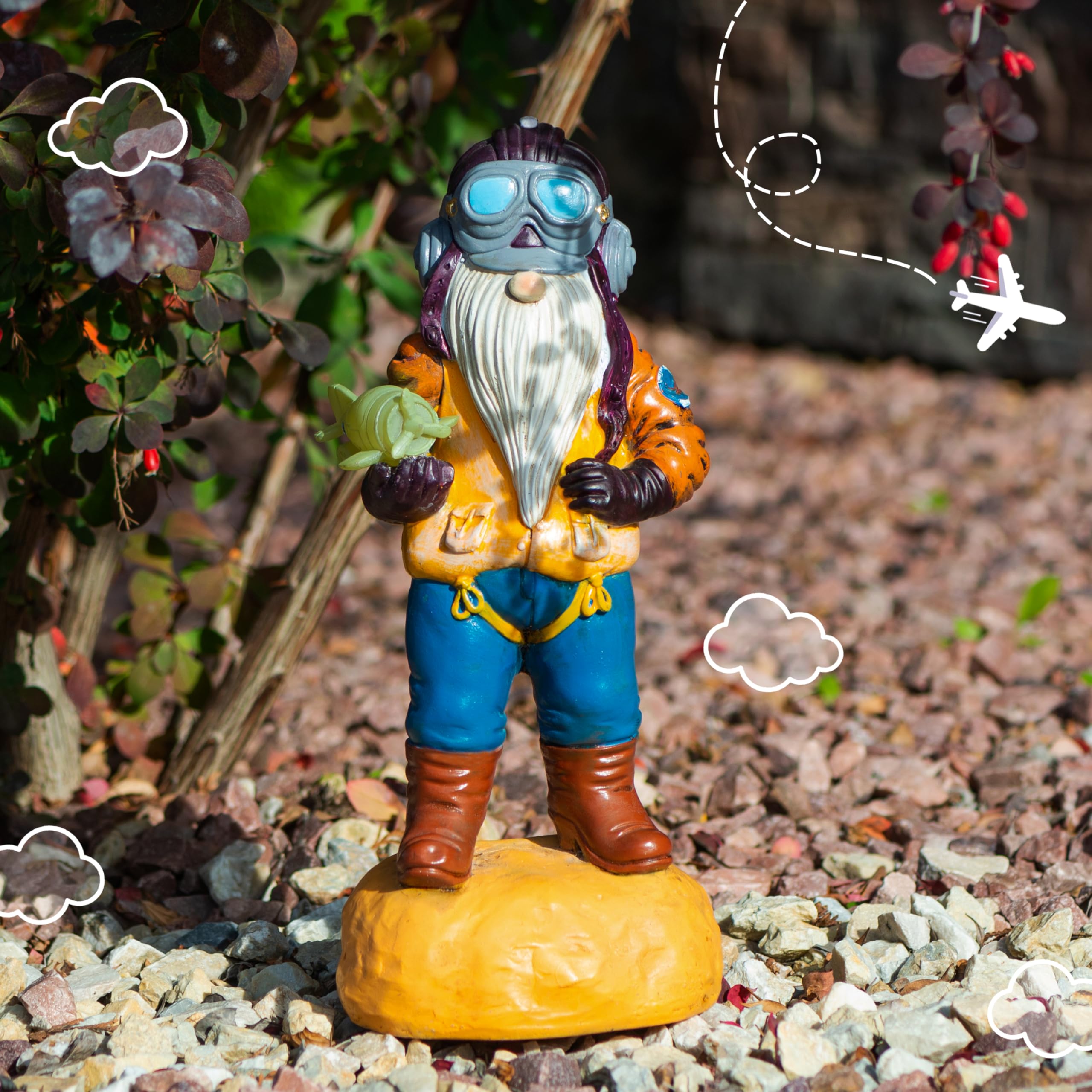 Redwix Pilot Garden Gnome 11.1" x 4.7", Funny Gnome Airplane Yard Decorations Outdoor, Pilot Gifts, Aviation Decor