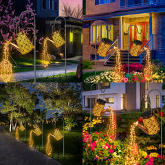 FLSEPAMB Watering Can Solar Lights Garden (2 Pack), IP65 Watering Can with Cascading Lights, Warm Watering Garden Light Decor with Bracket for Pathway, Yard, Patio, Backyard, Bronze, (HSD)