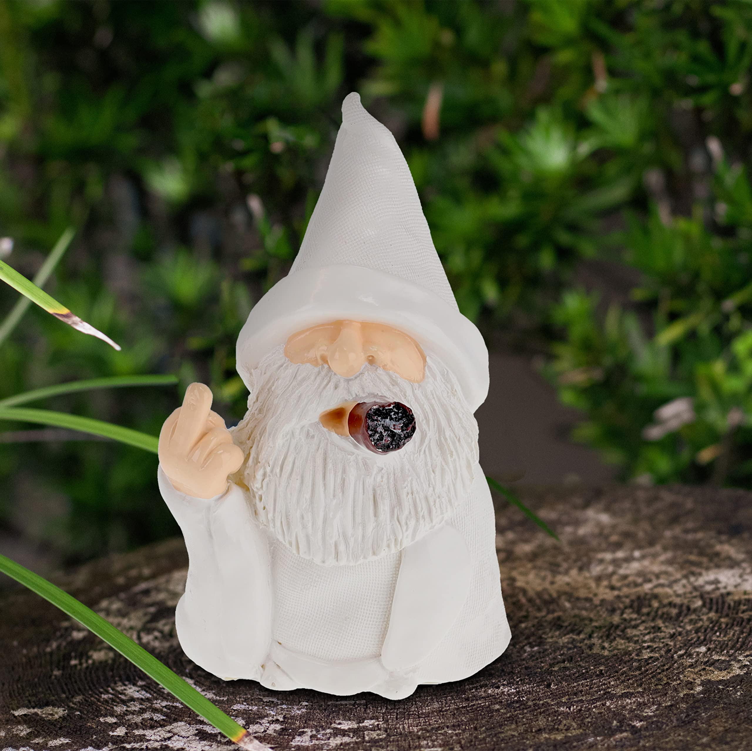 Relaxdays Gnome with Cigar, Giving Middle Finger, Rude Figurine, Frost Resistant, Garden Statue, Polyresin, White, 15 x 9 x 7 cm