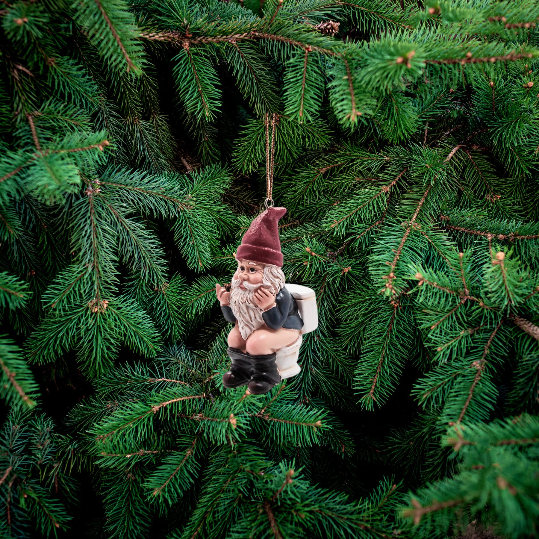Naughty Gnome on a Toilet Christmas Ornament, Holiday Decoration, Funny White Elephant Gift, Unique Festive Gnome Decor, 3.25 Inches