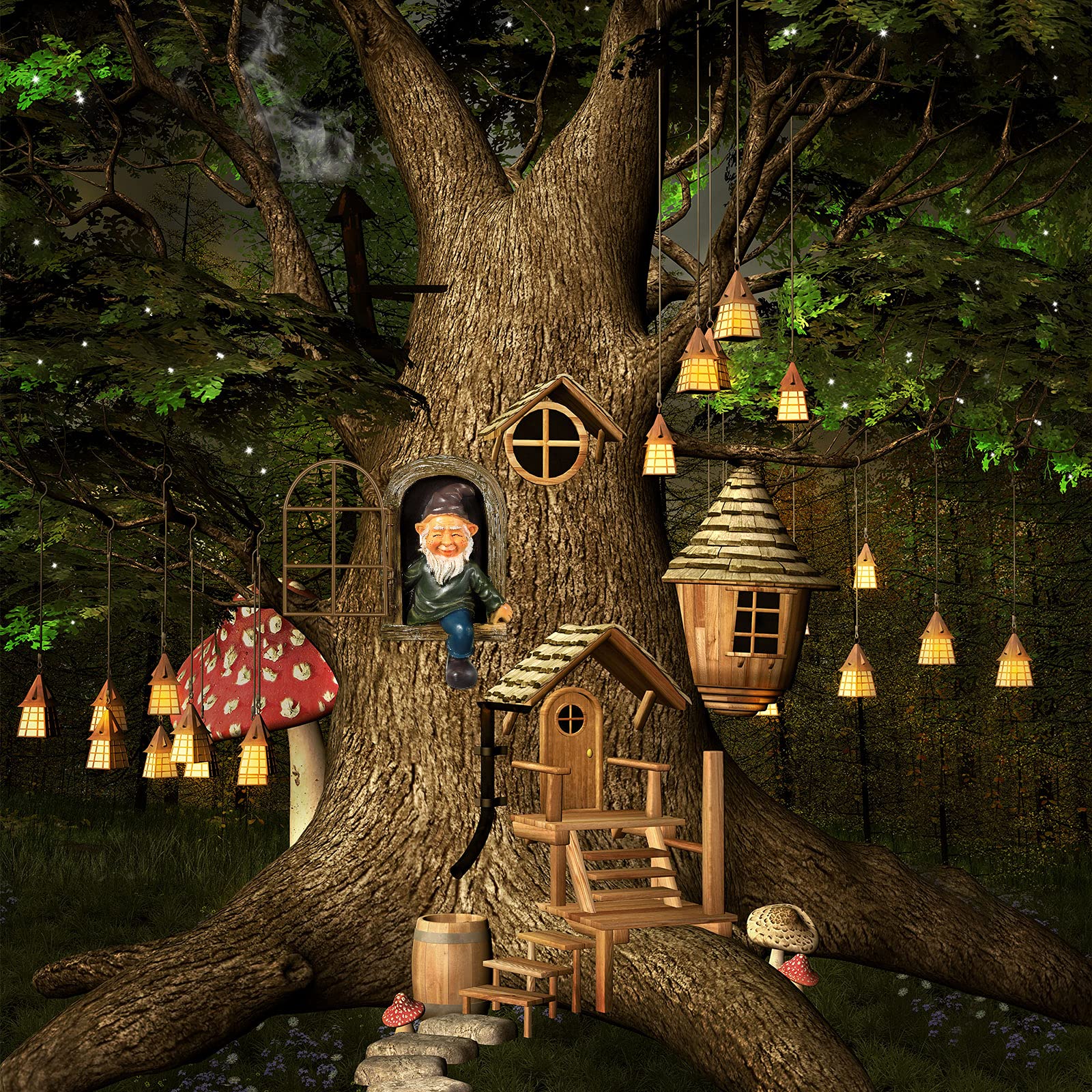 Thyle 4 Pieces Garden Gnomes Outdoor Tree Hugger Gnome Fairy Statue Elf Out The Door Resin Figurine Hanging Ladder Decoration Tree Faces Decor Outdoor for Patio Yard Lawn