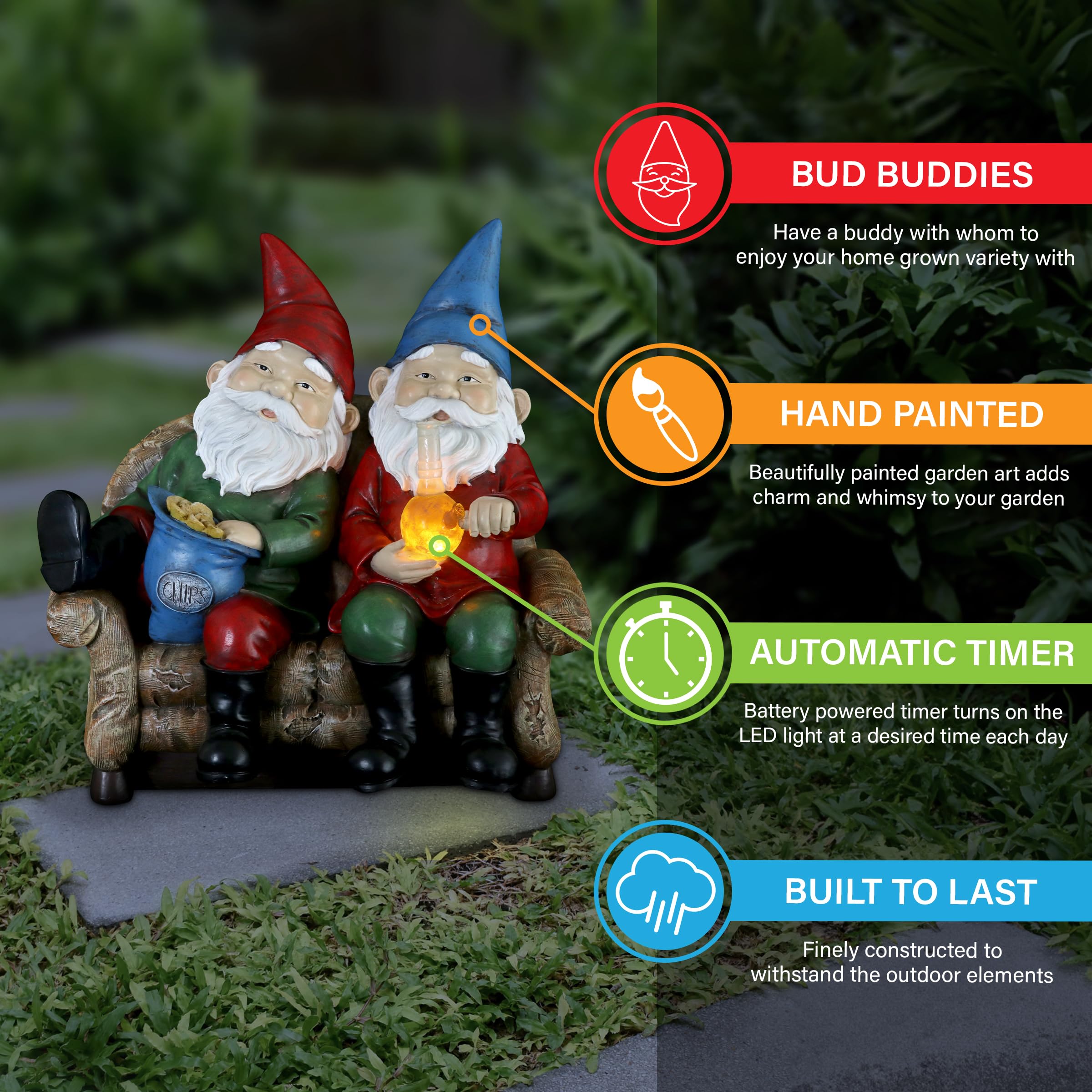Exhart Good Time Bud Buddies Gnome Statue - Hand-Painted Gnome Best Friends Eating Chips & Smoking Marijuana Weed w/LED Accent Lights - Resin Gnome Decor Perfect for Home Garden Art, 10 Inches Tall