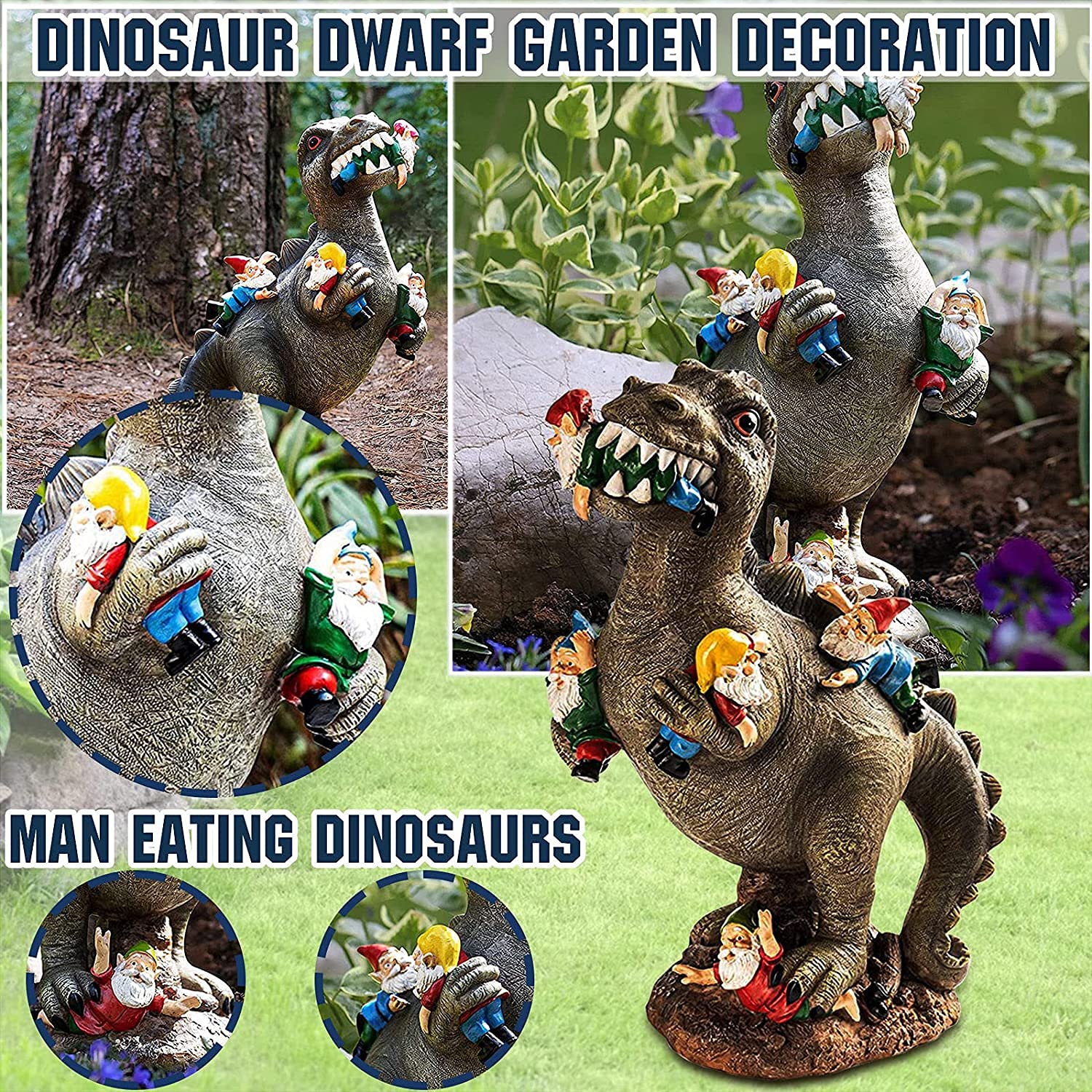 Dinosaur Eating Gnomes Garden Ornament, Funny Lifelike Animal Statue,Best Art Decor for Indoor Outdoor Home Office