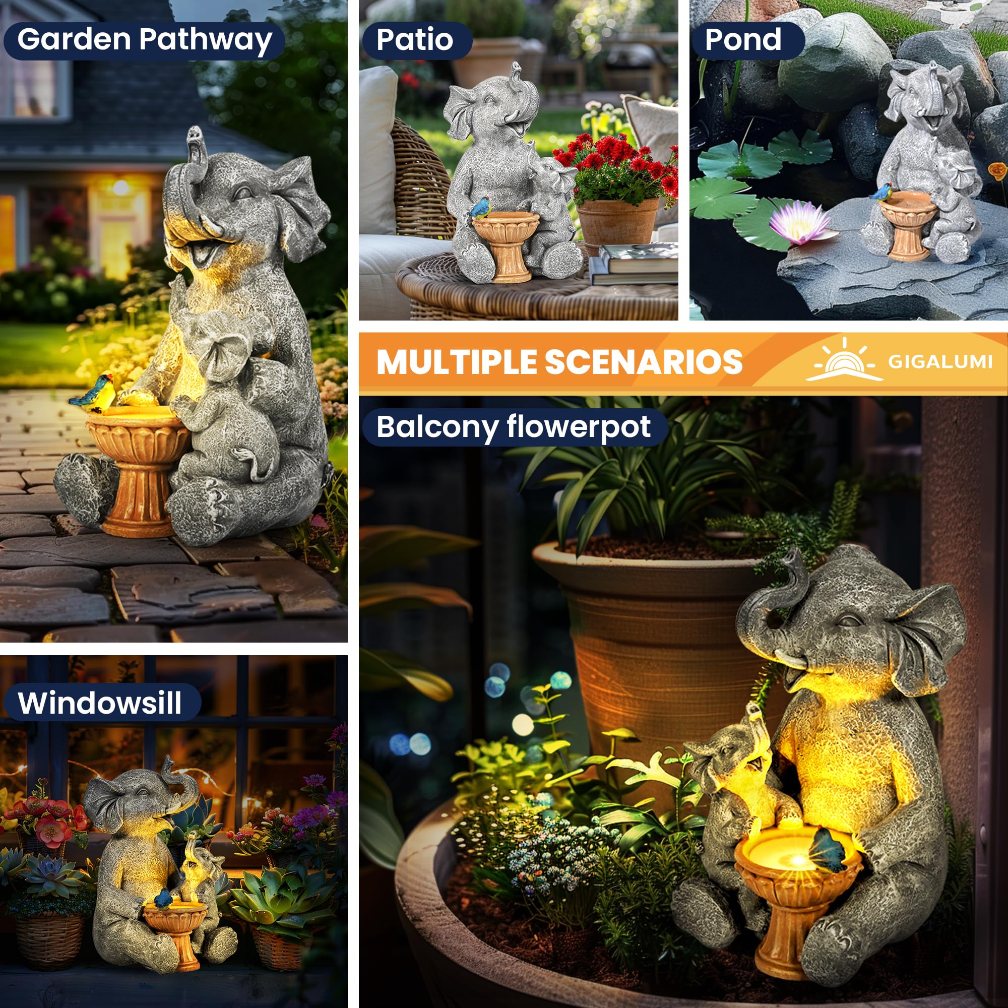 GIGALUMI Solar Garden Statues Loving Elephant Figurine Lights for Outdoor, Yard, Garden Decor Unique Housewarming Gifts for Mom, Women