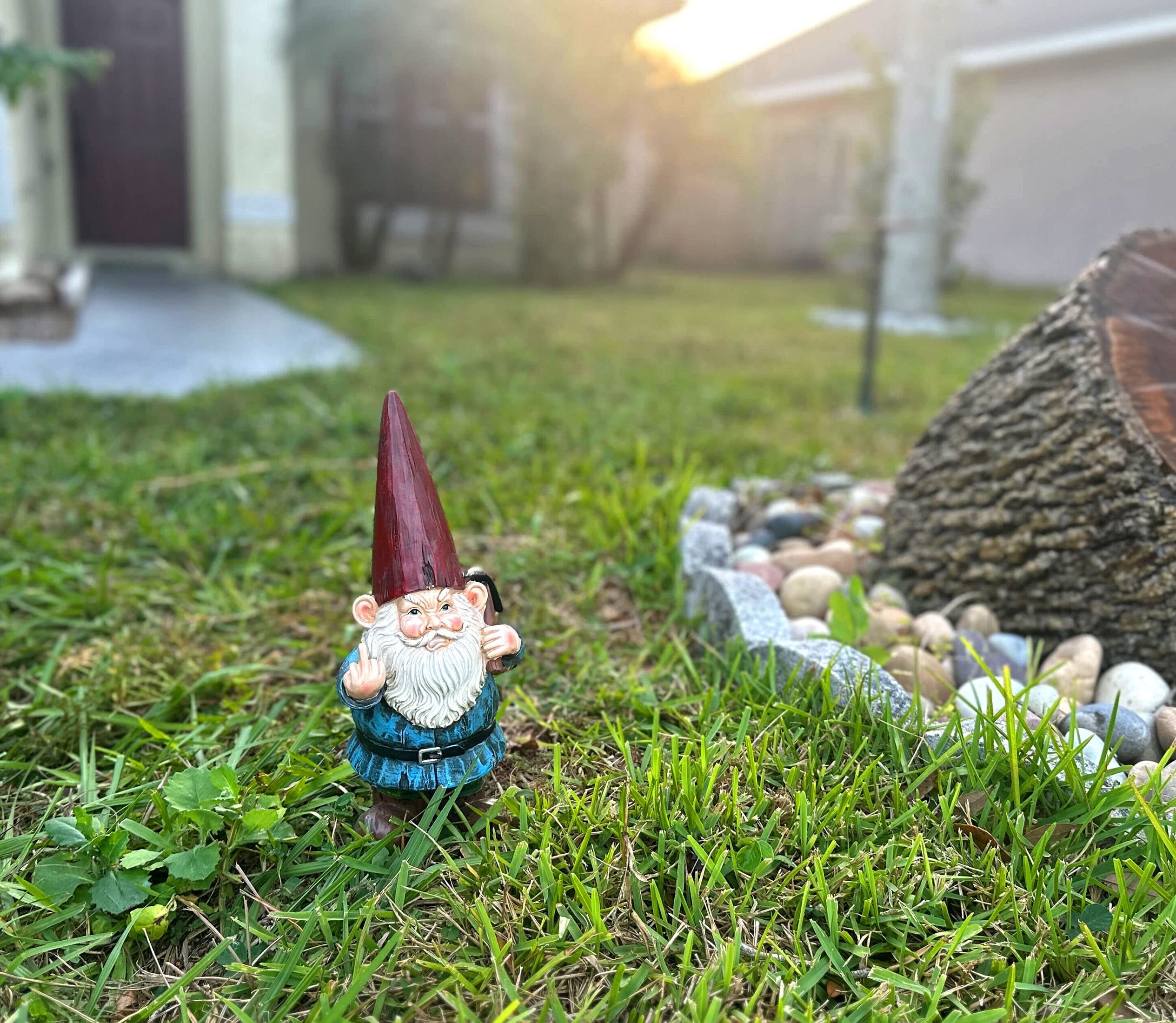 12 Inch Grumpy Gnome Holding Pick Axe Garden Statue - Rude Hand Gesture Outdoor Garden Decor - Resin Home Decor Yard or Go Away Middle Finger Front Porch Greeter