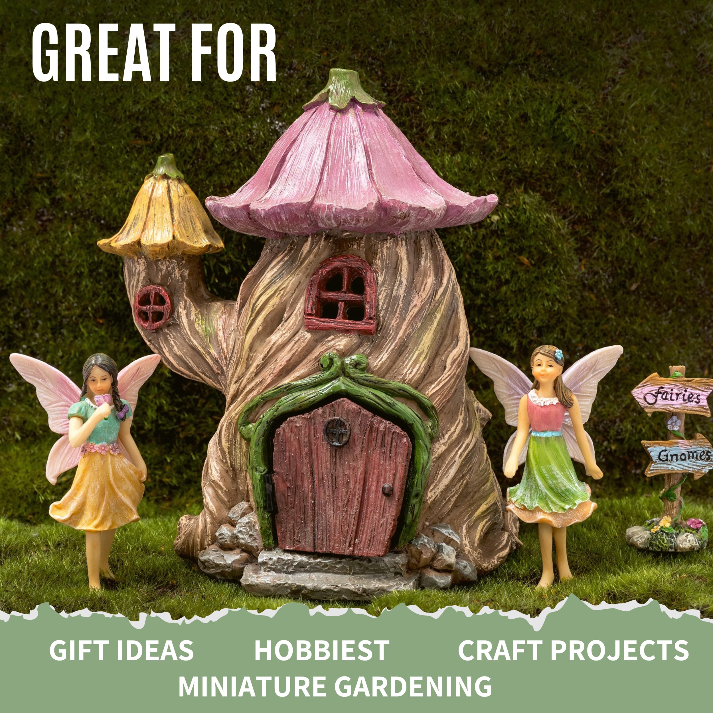 PRETMANNS Fairy Garden House Kit, with Accessories Figurines & Sign – House & Fairies for an Outdoor Miniature Garden – Door can open wide - 4 Pieces