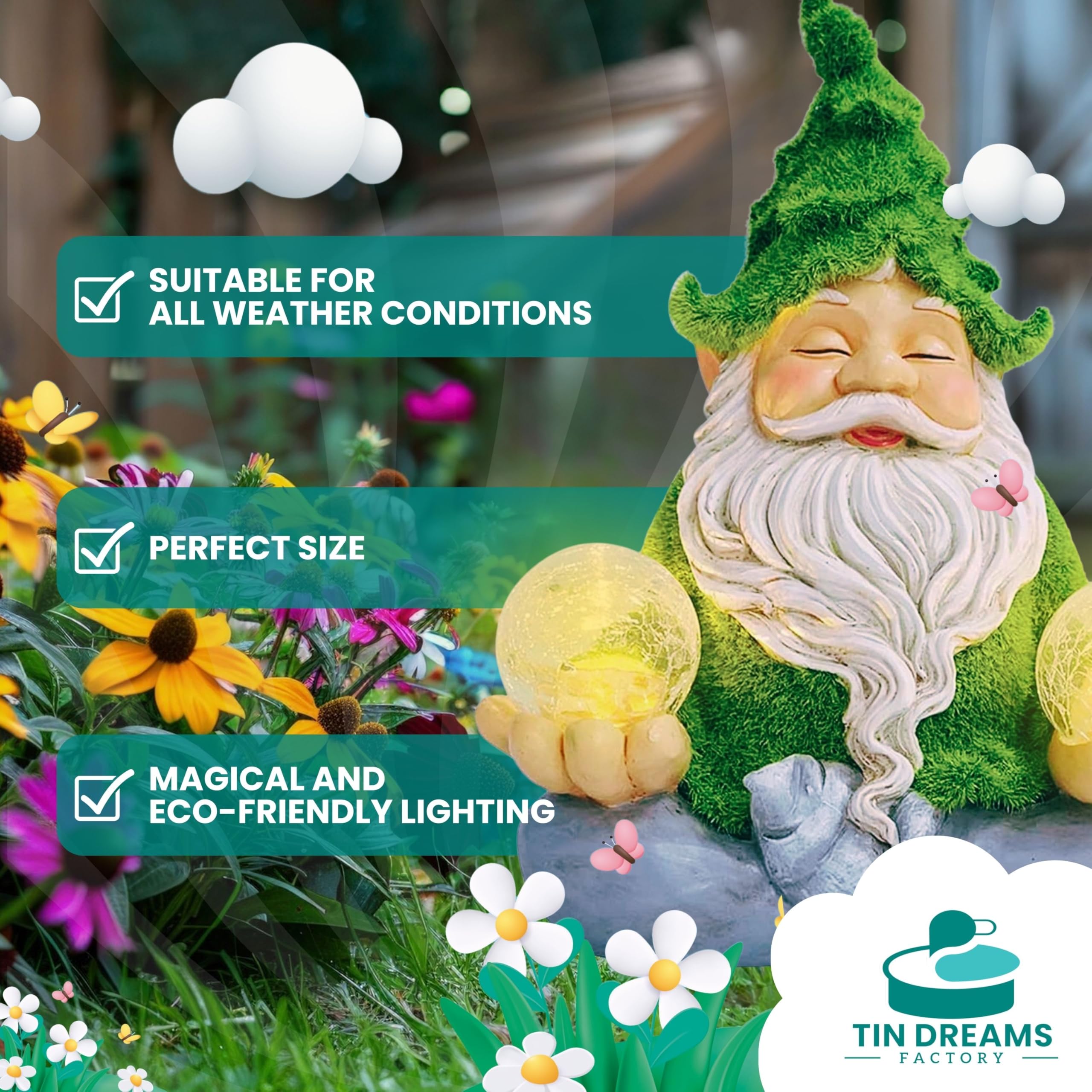 TIN DREAMS FACTORY | Zen Gnome with Solar Light – Decorative Garden Figure in Resin – Gnome with Luminous LED Ball – Original Ornament for Garden, Terrace, and Patio