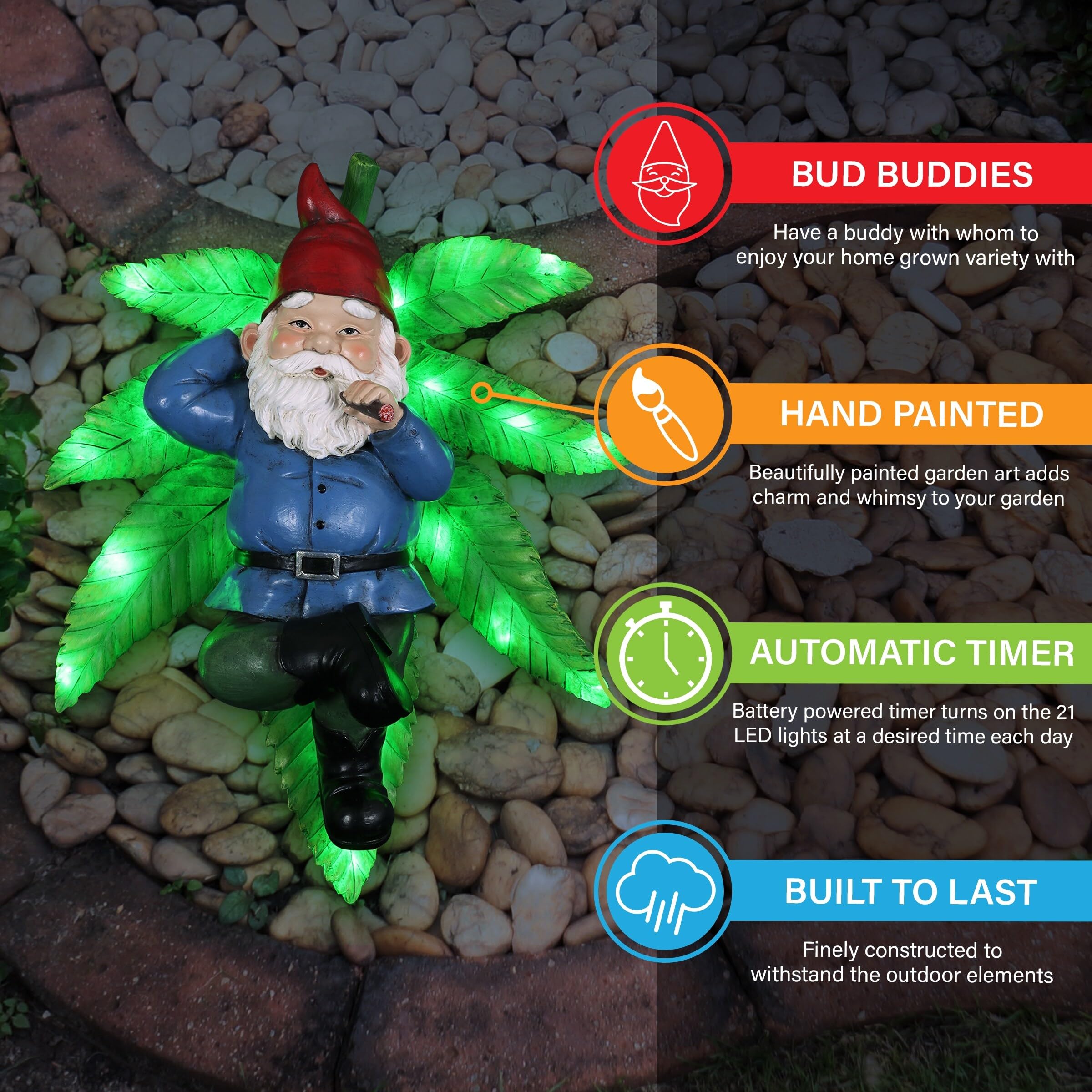 Exhart Good Time Ganja Lounging Gnome Statue | Hand Painted Gnome Art w/Battery Powered LED Light | Weed Smoking Gnome for Indoor & Outdoor Décor for Home | œ12.5 L x 9.5" W x 5" H