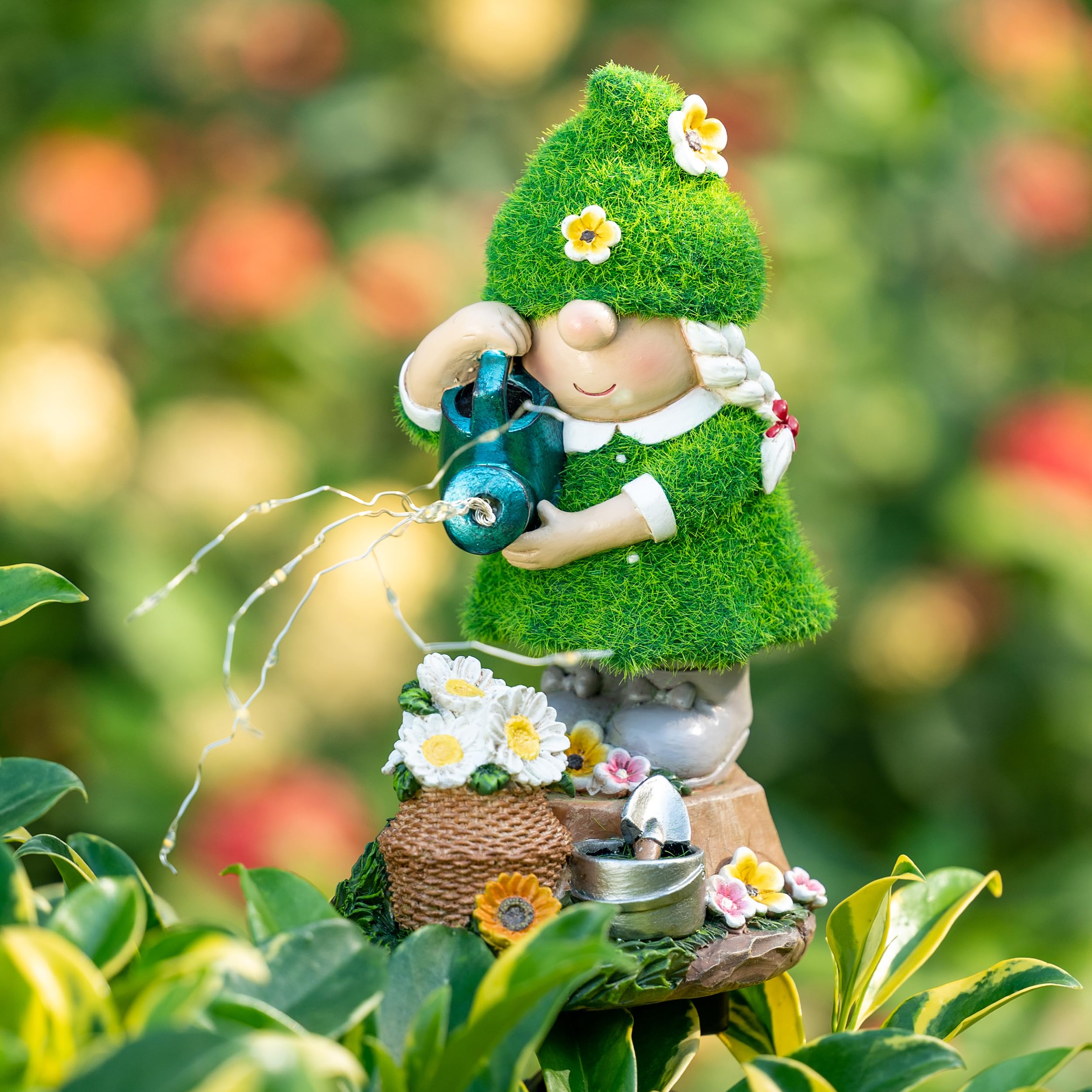 TERESA'S COLLECTIONS Gardeh Ornaments Outdoor, Lovely Watering Gonks with Solar Lights, Family Gonks Series, Waterproof Resin Gonks Ornaments, Indoor Outdoor 20.5CM