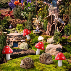 Queekay Fairy Outdoor Garden Animals Figurines Outdoor Fairy Wild Garden Accessories Resin Hedgehogs and Wood Mushroom Miniature Figurines for Plant Pots Bonsai Craft Decor Supplies
