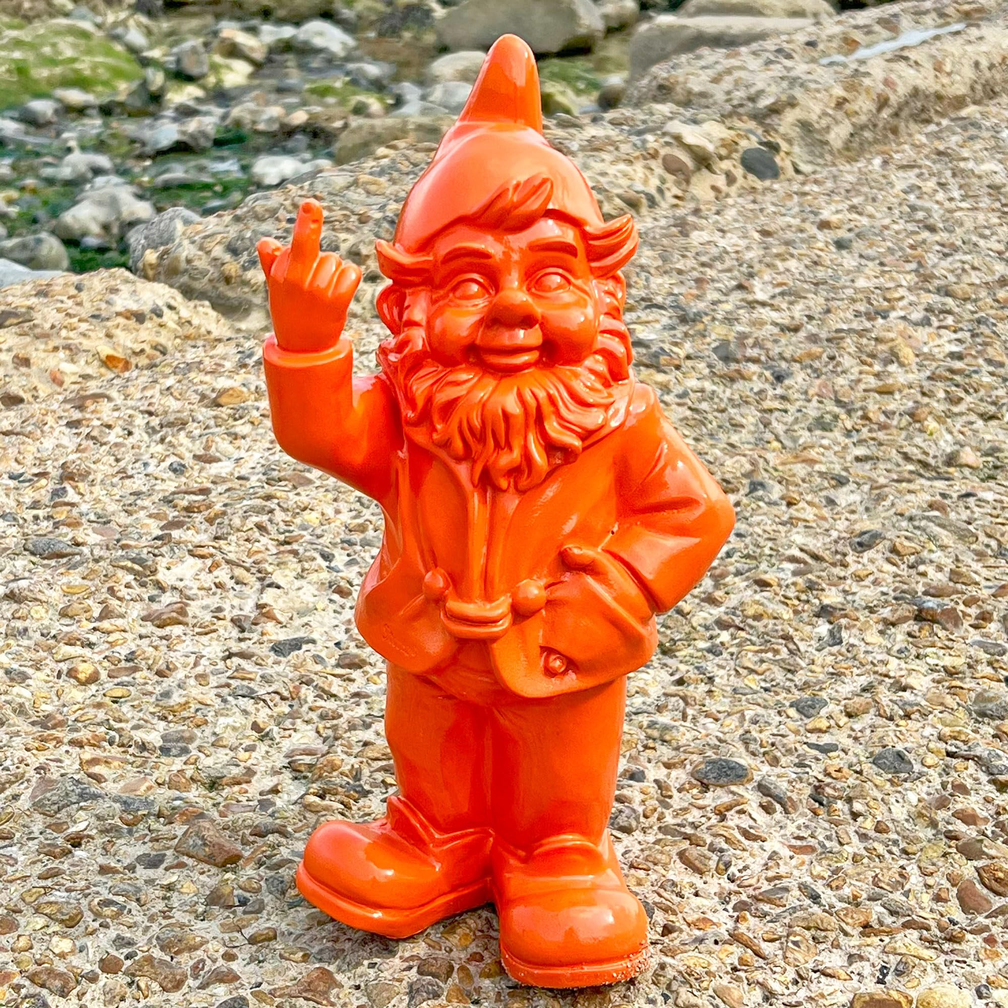 Stone-Lite Figurine - garden gnome giving the finger - 30cm - orange - funny present