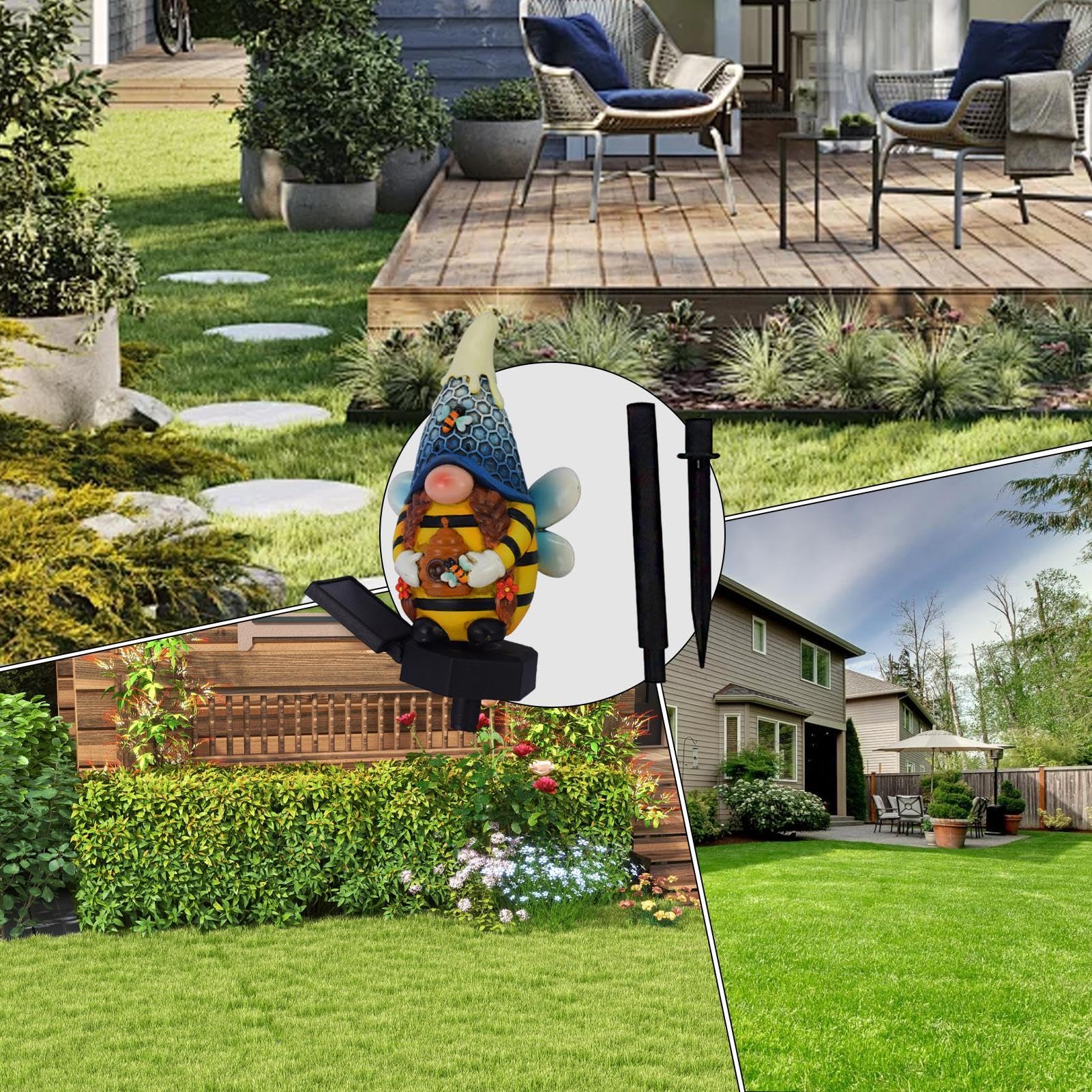 Solar Garden Gnome, Bee Gnome Statue, Garden Stake Lights, Solar Pathway Lights, Solar-Powered Bee Gnome Statue Decorative for Outdoor Garden Lights, 5.71x3.74 Inches,