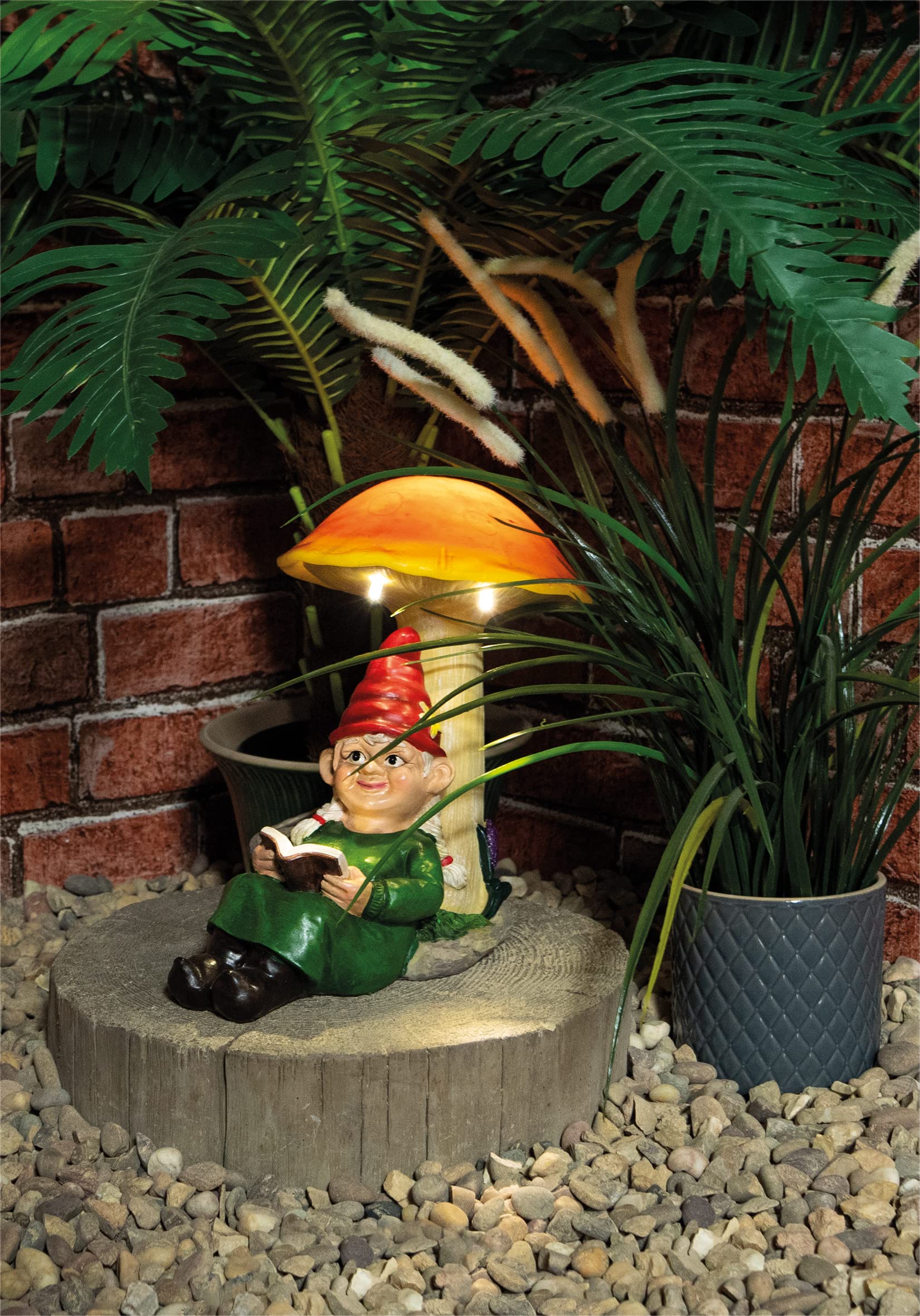 Solar Garden Ornament - Lady Gnome with Red Hat, classic outdoor ornament