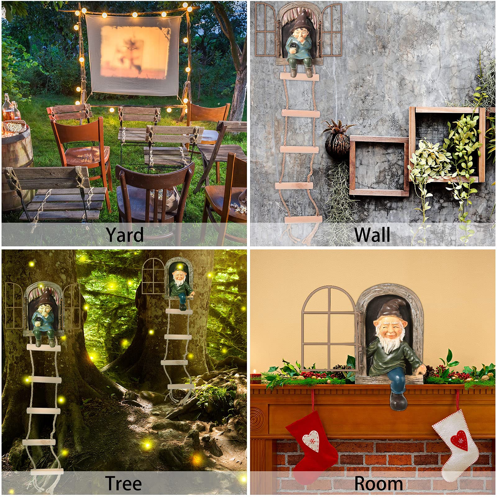 Thyle 4 Pieces Garden Gnomes Outdoor Tree Hugger Gnome Fairy Statue Elf Out The Door Resin Figurine Hanging Ladder Decoration Tree Faces Decor Outdoor for Patio Yard Lawn