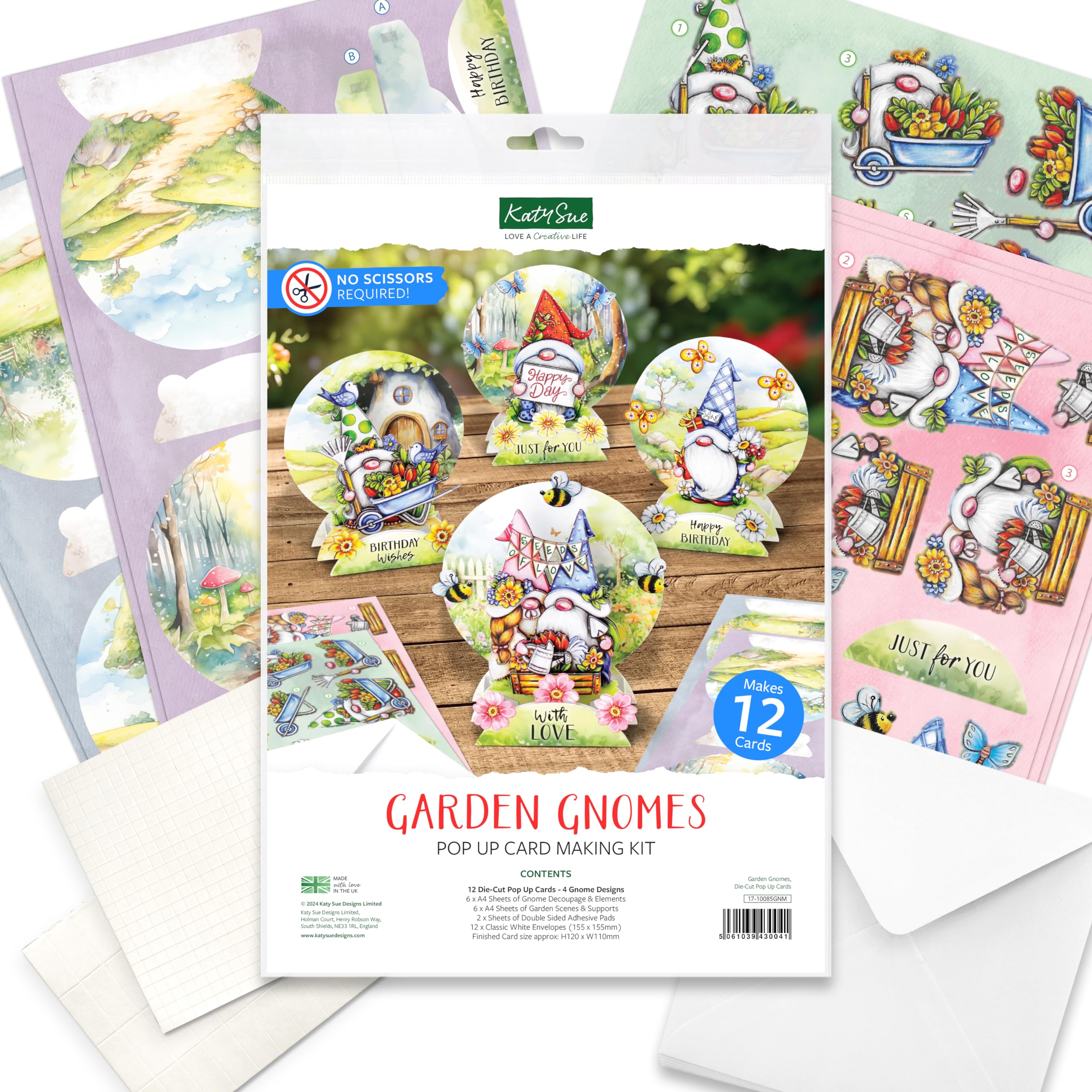 Katy Sue Garden Gnomes Die-Cut Pop-Up Card Making Kit for Adults. Makes 12 Cards & Contains Gnome or Gonk Die-Cut Decoupage Paper Sheets, Supports, Envelopes & Foam Pads for Card Making Supplies
