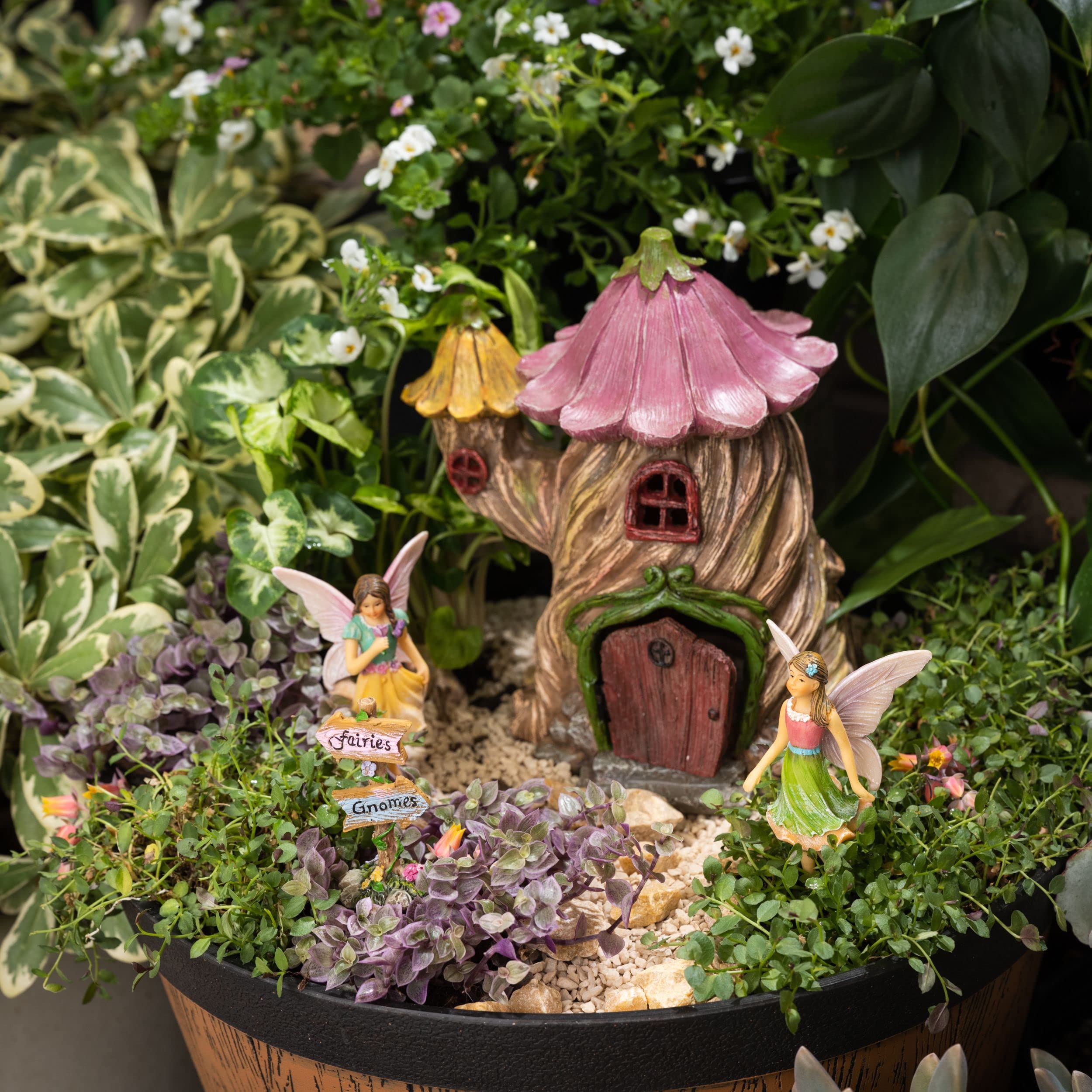 PRETMANNS Fairy Garden House Kit, with Accessories Figurines & Sign – House & Fairies for an Outdoor Miniature Garden – Door can open wide - 4 Pieces
