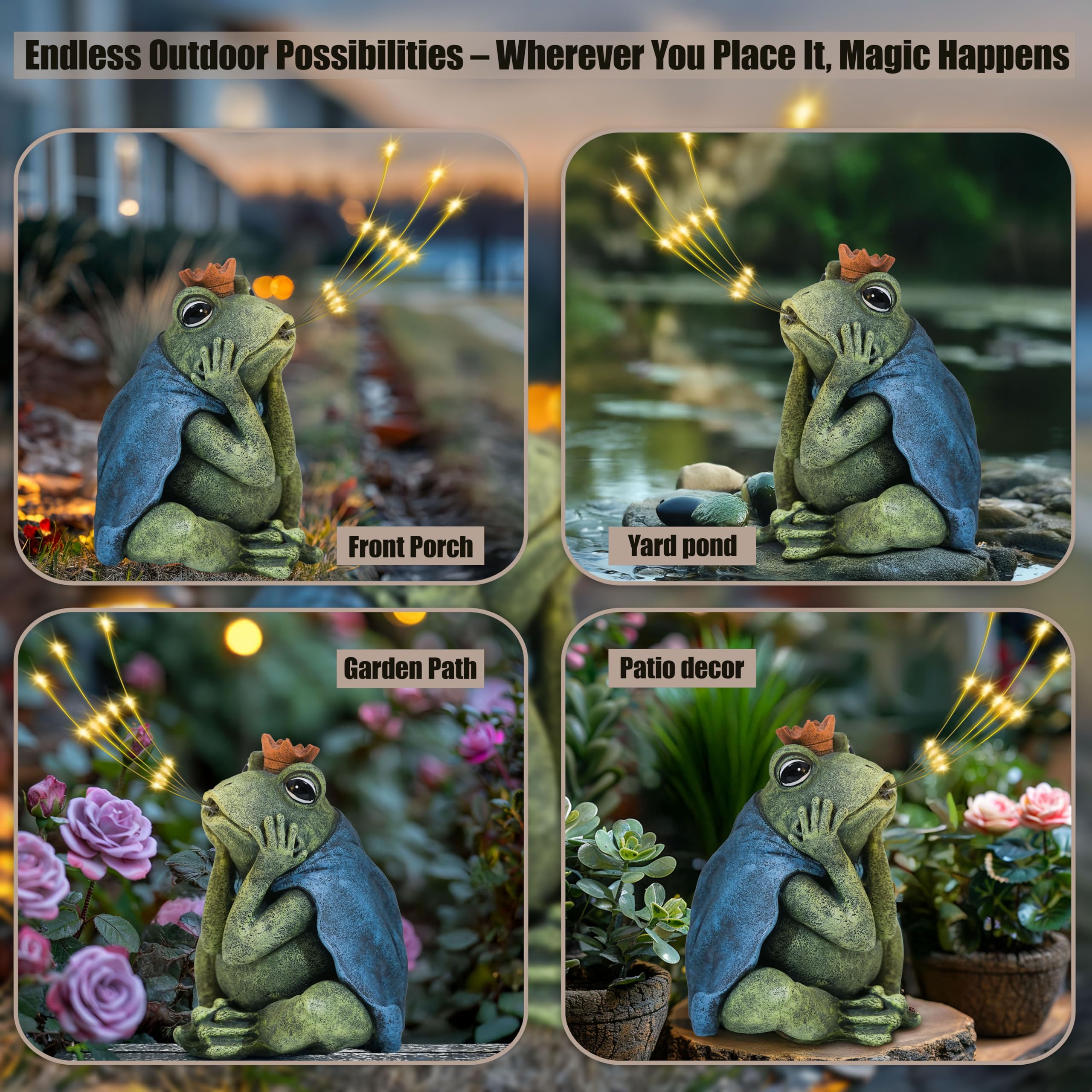 hvfun Solar-Powered Frog Prince Spitting LED Light – Resin Garden Statue with Waterproof Design