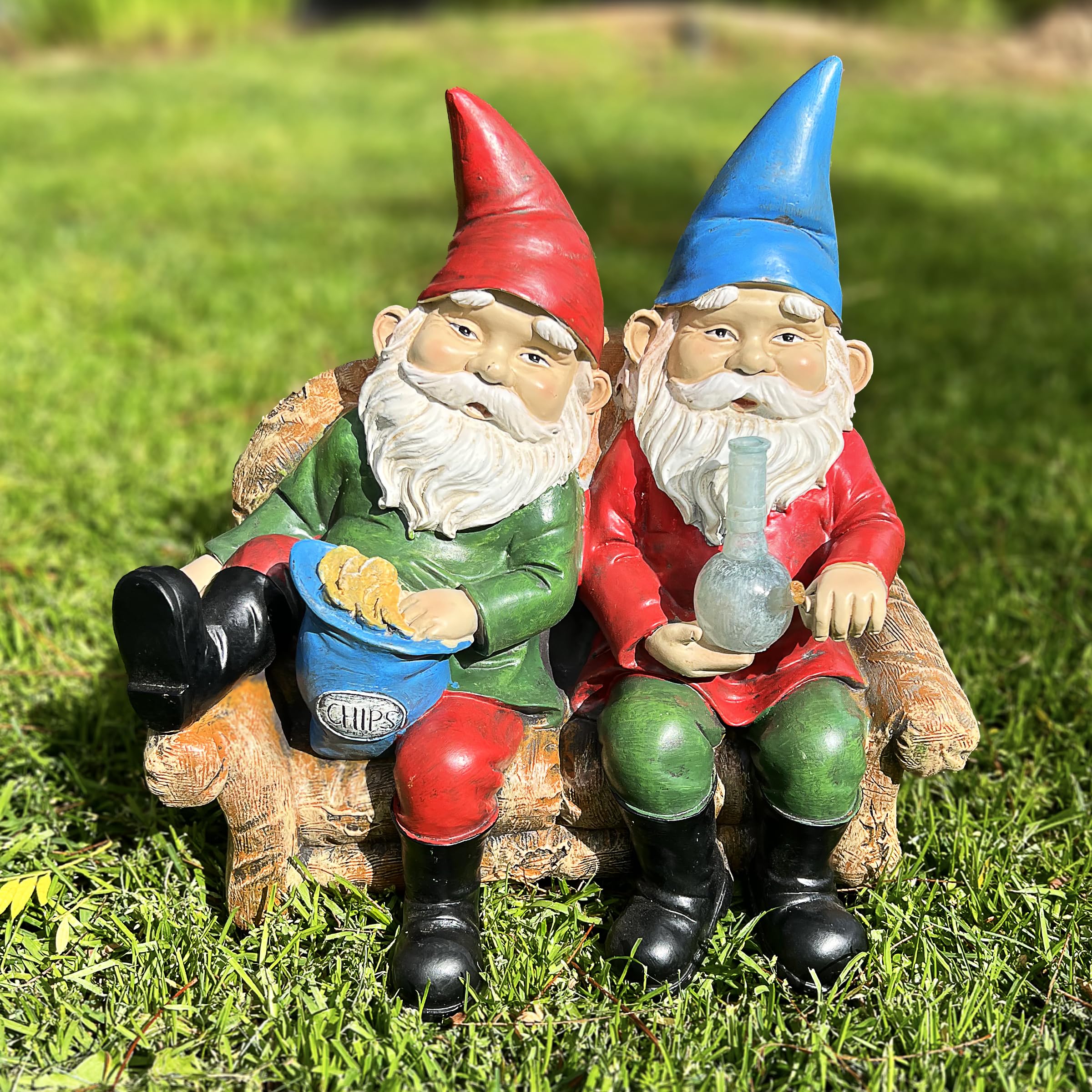 Exhart Good Time Bud Buddies Gnome Statue - Hand-Painted Gnome Best Friends Eating Chips & Smoking Marijuana Weed w/LED Accent Lights - Resin Gnome Decor Perfect for Home Garden Art, 10 Inches Tall