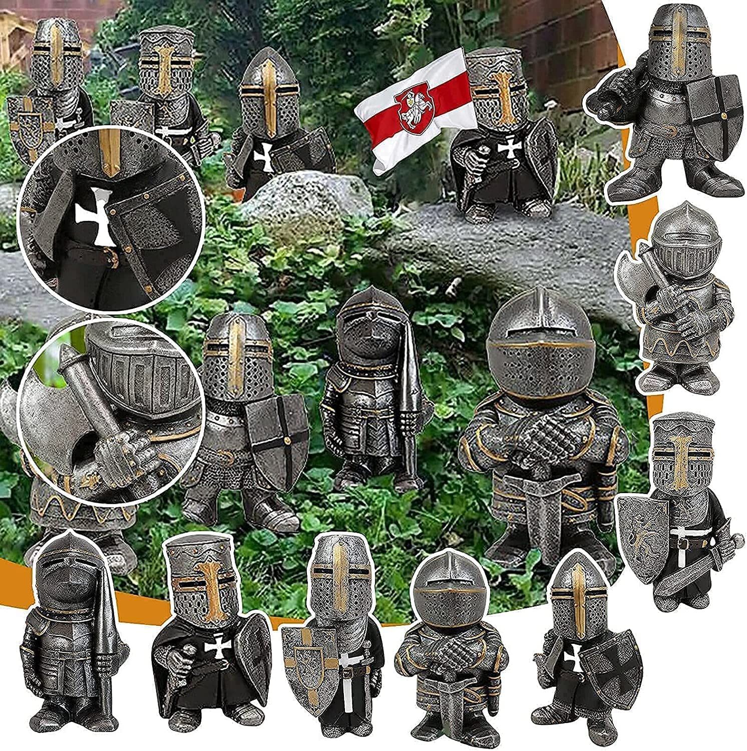 Knight Gnomes Guard Garden Statues 2021 Christmas Guardians Gnomes, Renaissance Medieval Cross Templar Crusader Figurine, Armor Miniature European Knights Sculpture for Yard Lawn Art Decor (8 pcs)