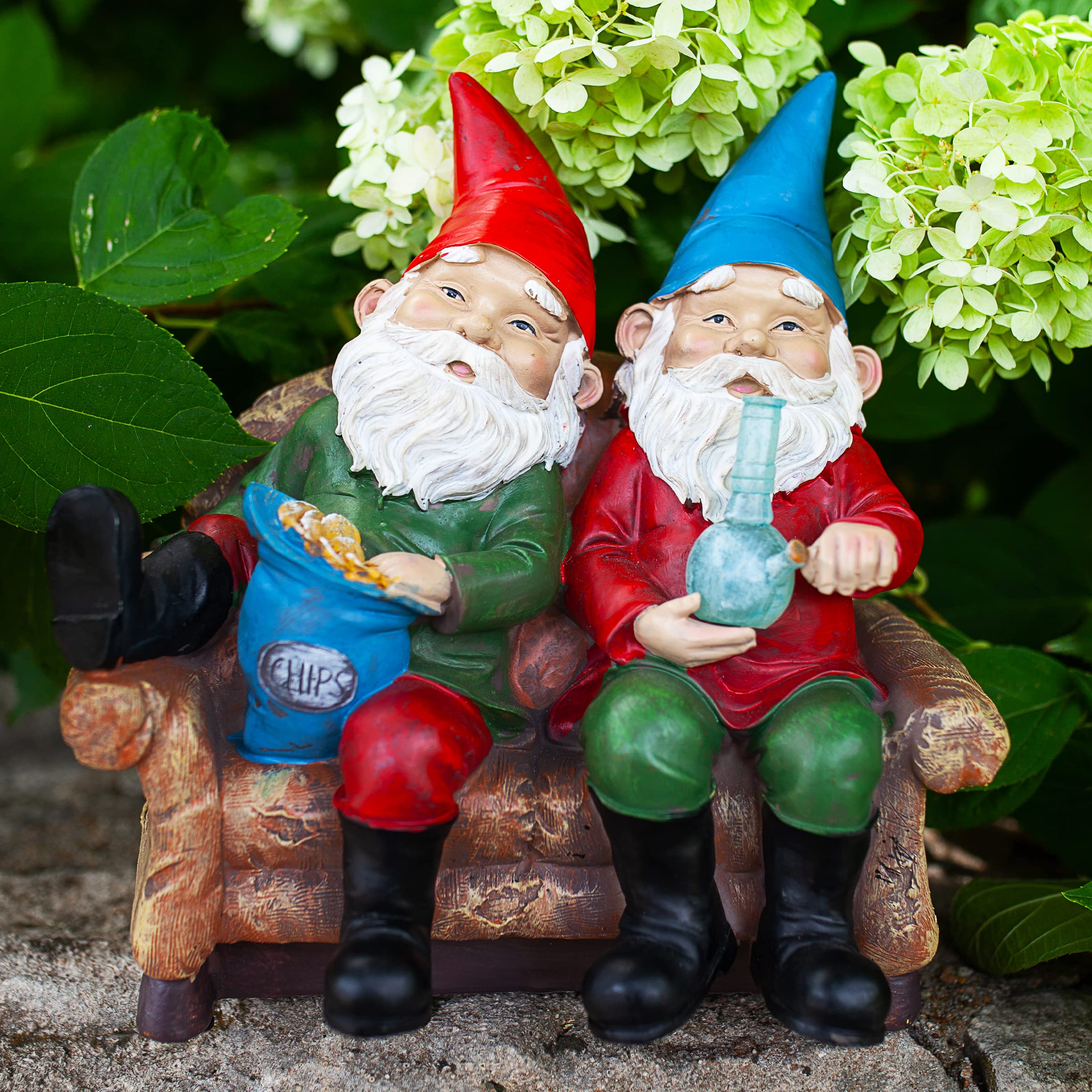 Exhart Good Time Bud Buddies Gnome Statue - Hand-Painted Gnome Best Friends Eating Chips & Smoking Marijuana Weed w/LED Accent Lights - Resin Gnome Decor Perfect for Home Garden Art, 10 Inches Tall