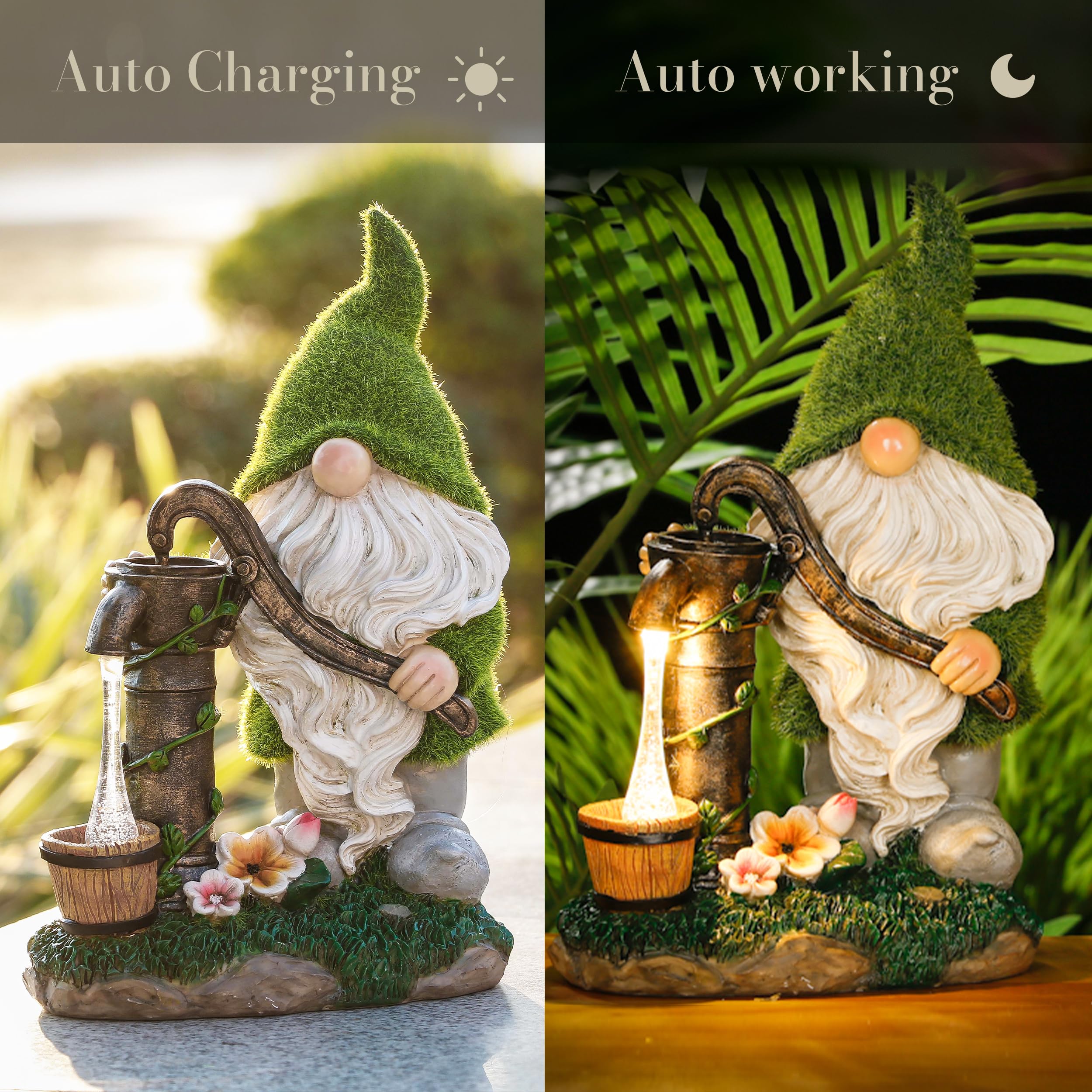 TERESA'S COLLECTIONS Garden Ornaments Outdoor, Lovely Green Clothes Gonk Pumping Water with Solar-Powered Lights, Waterproof Resin Gnomes Ornaments, Garden Decorations Gifts, Indoor Outdoor 22.5CM