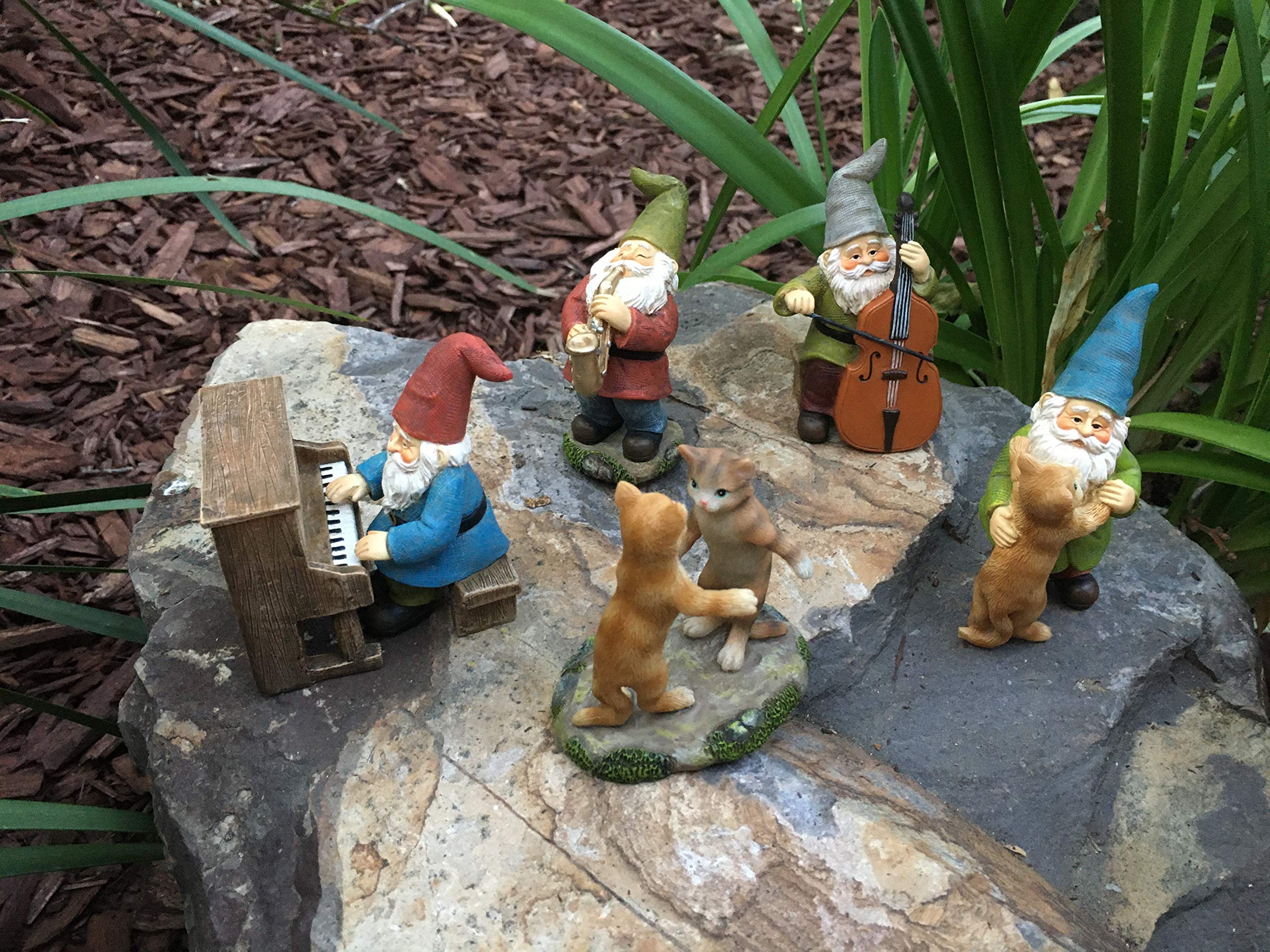 GlitZGlam Happy Miniature Gnomes and Cats Dancing Celebration! - 6-Piece Musical Garden Gnome Set for the Miniature Fairy Garden