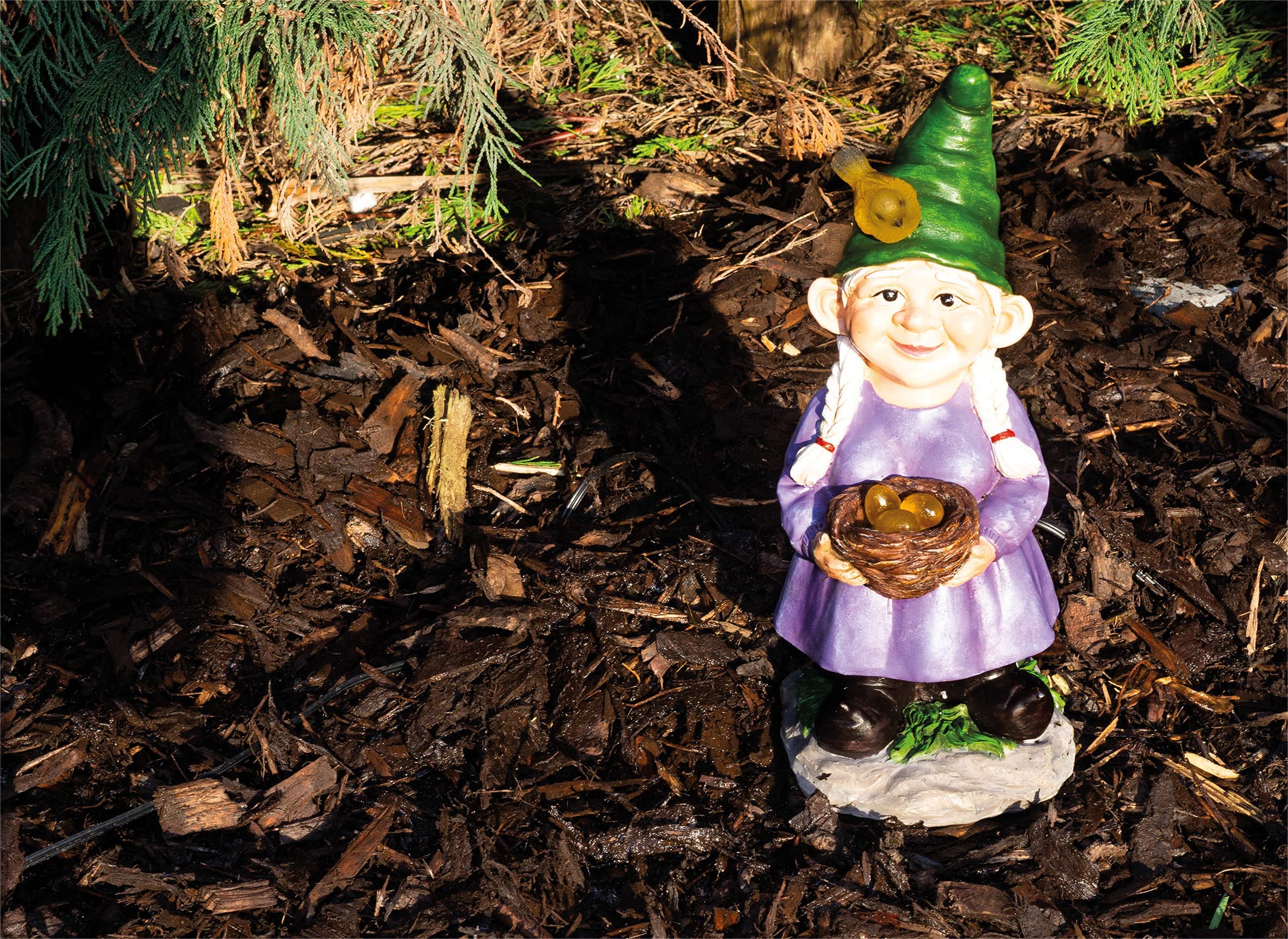 Solar Garden Ornament - Lady Gnome with Egg Basket, classic gnome ornament