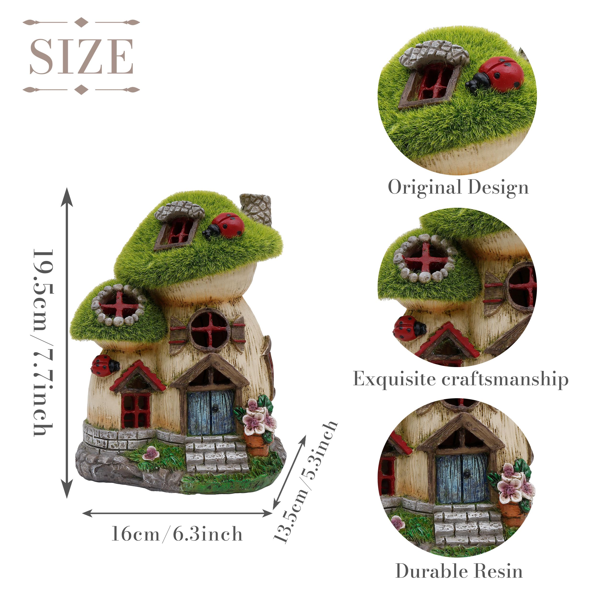 TERESA'S COLLECTIONS Garden Ornaments Outdoor, Green Flocked Solar Fairy House and Ladybugs, Waterproof Resin Fairy House Ornaments, Indoor Outdoor 16.8CM