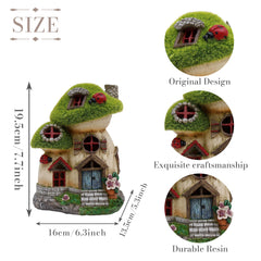 TERESA'S COLLECTIONS Garden Ornaments Outdoor, Green Flocked Solar Fairy House and Ladybugs, Waterproof Resin Fairy House Ornaments, Indoor Outdoor 16.8CM