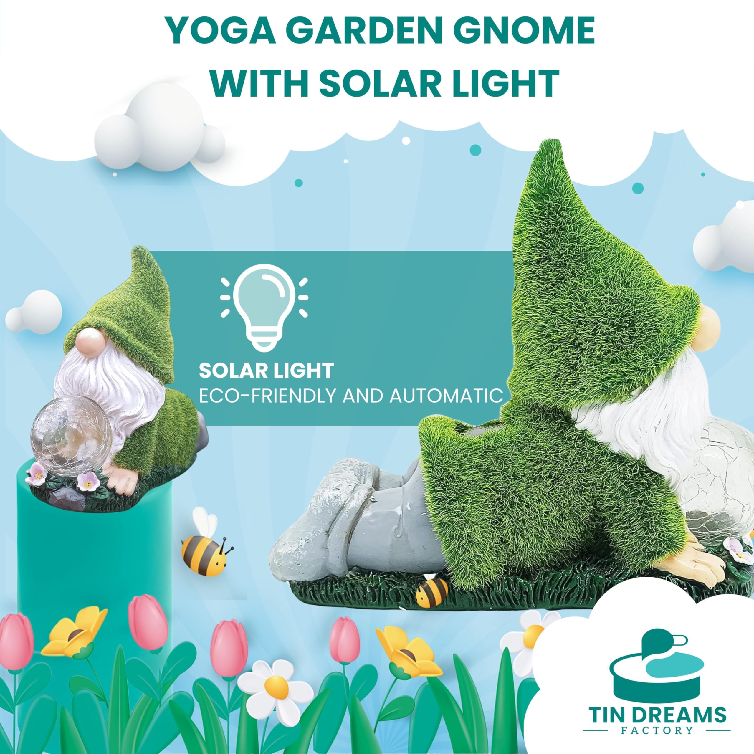 TIN DREAMS FACTORY | Yoga Gnome with Solar Light – Resin Garden Decorative Figure – Outdoor Little Gnome with LED Glowing Bubble – Relaxing Ornament for Garden, Patio and Terrace