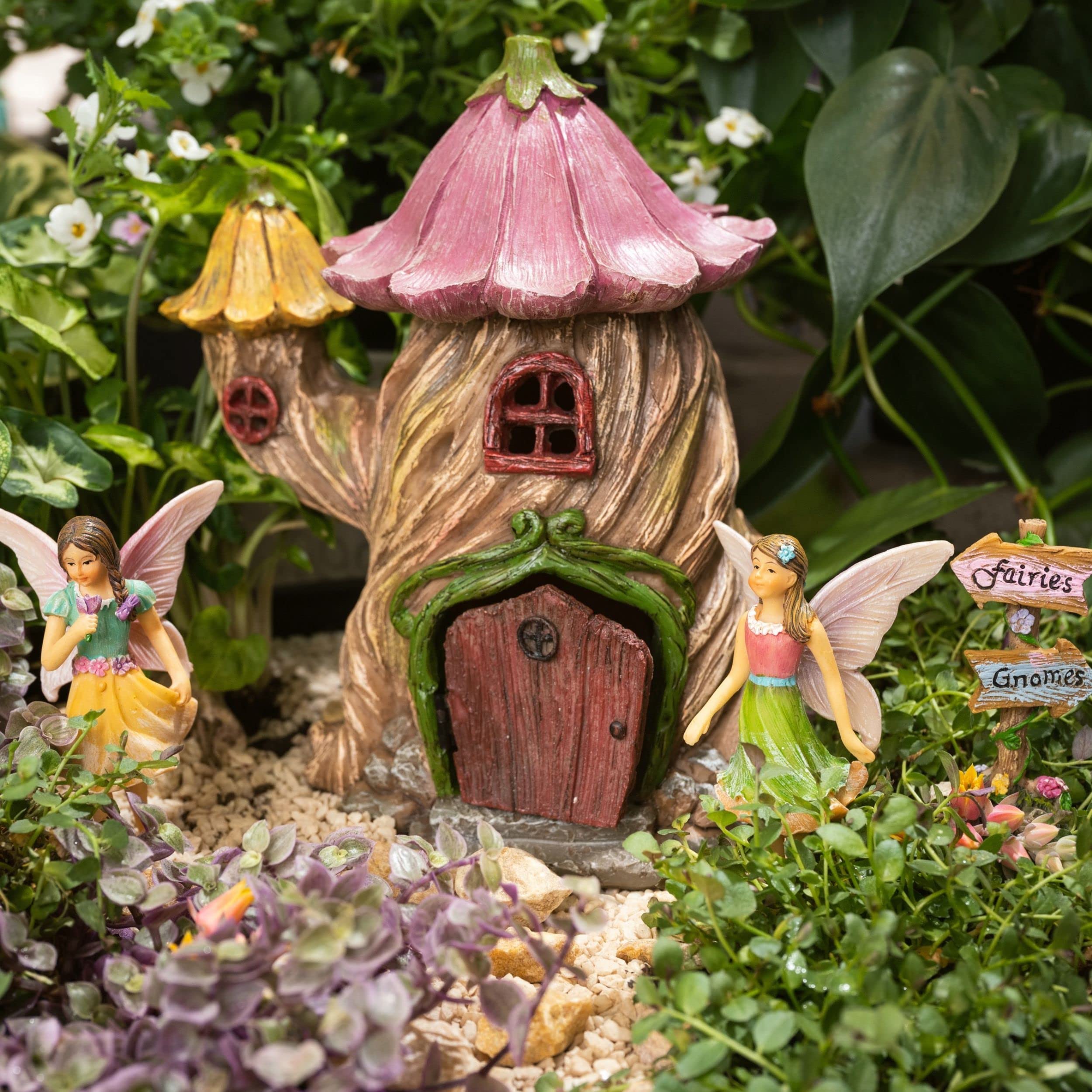 PRETMANNS Fairy Garden House Kit, with Accessories Figurines & Sign – House & Fairies for an Outdoor Miniature Garden – Door can open wide - 4 Pieces