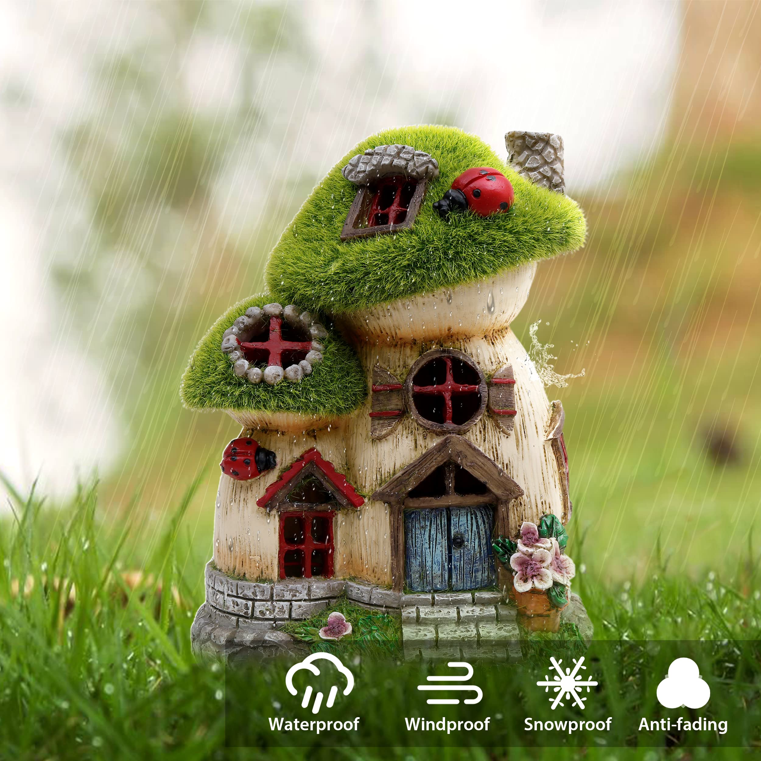 TERESA'S COLLECTIONS Garden Ornaments Outdoor, Green Flocked Solar Fairy House and Ladybugs, Waterproof Resin Fairy House Ornaments, Indoor Outdoor 16.8CM