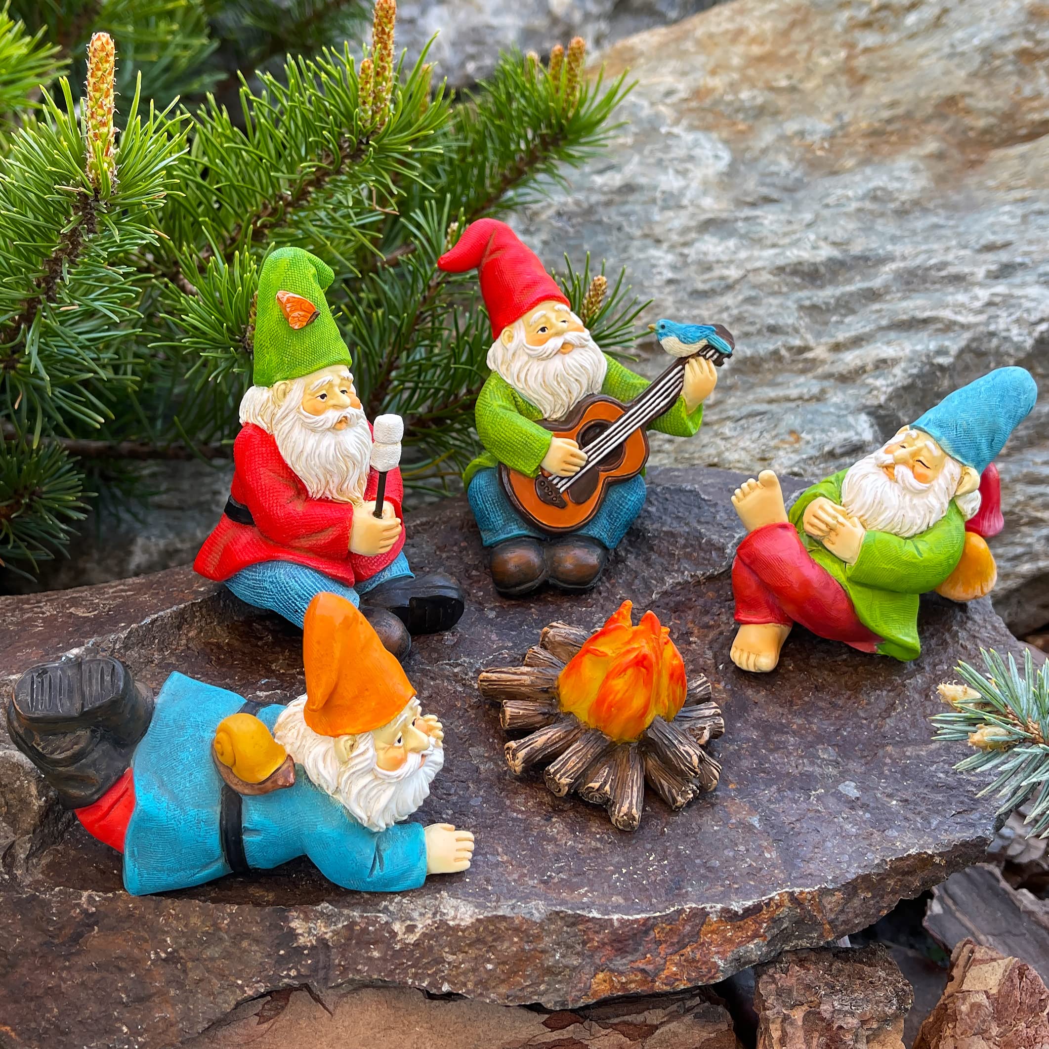 Miniature Garden Gnomes - Camping Gnome Kit of 5 pcs - Figurines and Accessories Set