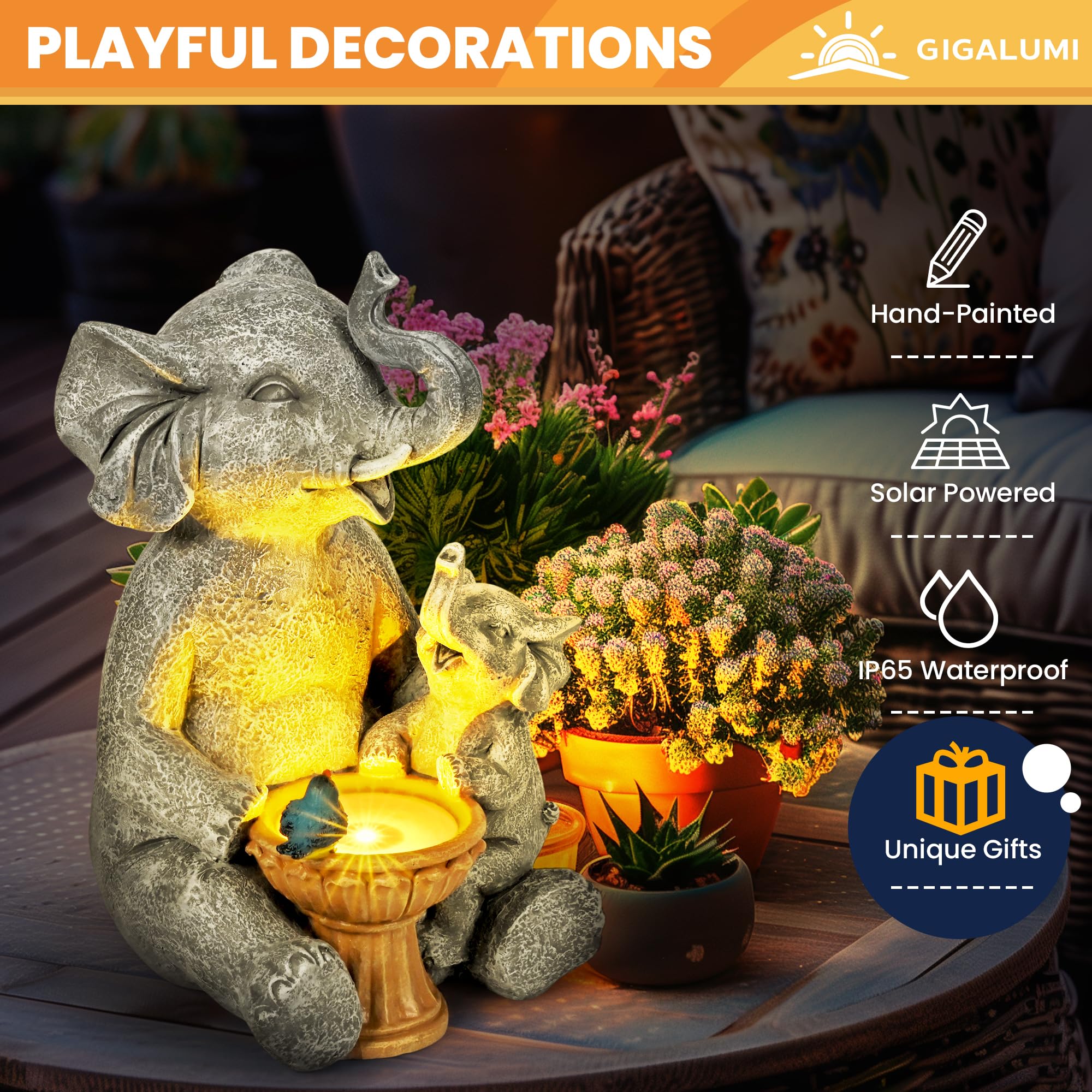 GIGALUMI Solar Garden Statues Loving Elephant Figurine Lights for Outdoor, Yard, Garden Decor Unique Housewarming Gifts for Mom, Women