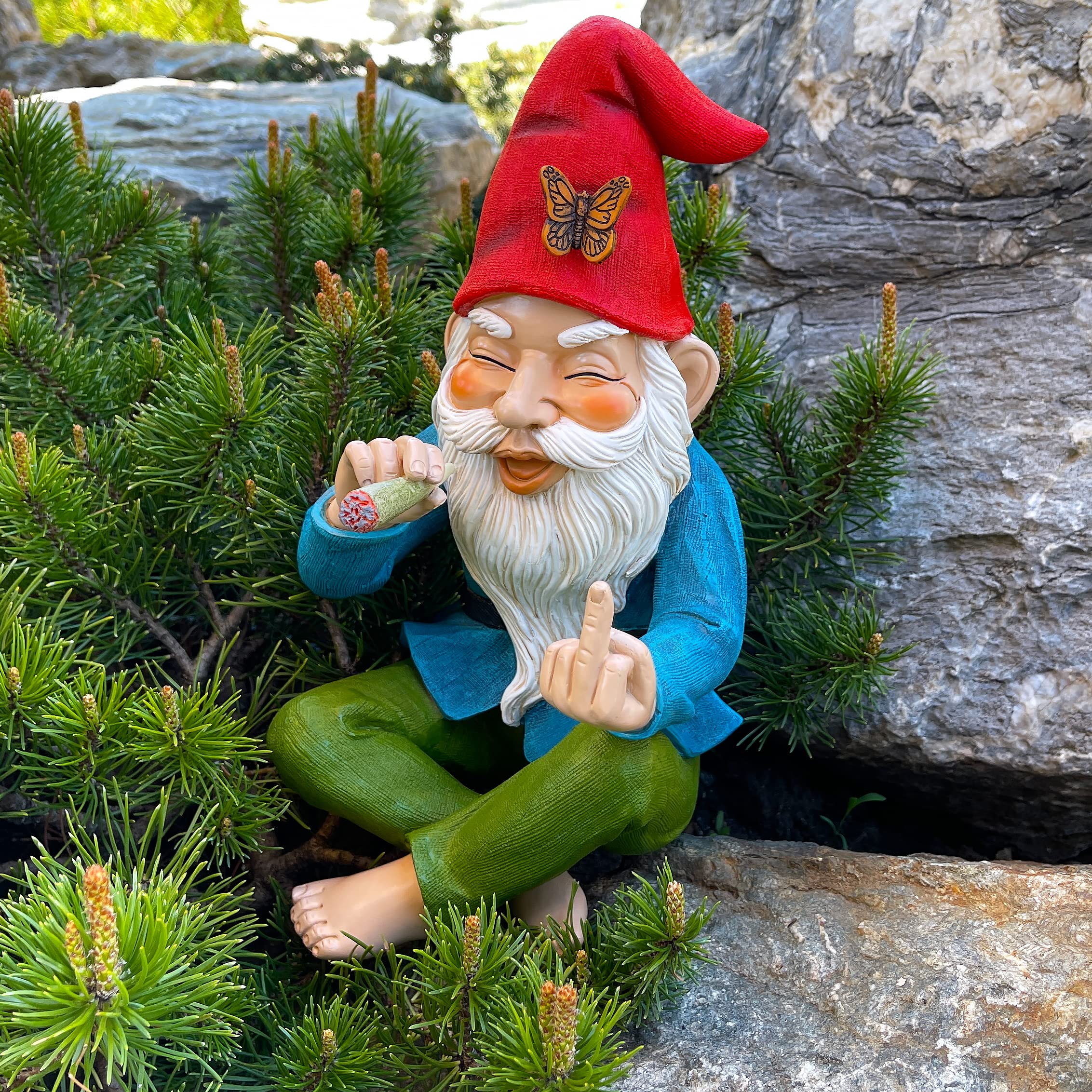 Mood Lab Garden Gnome - Relaxed Smoking Gnome - 9.6 Inch Tall Finger Statue - Lawn Garden Figurine