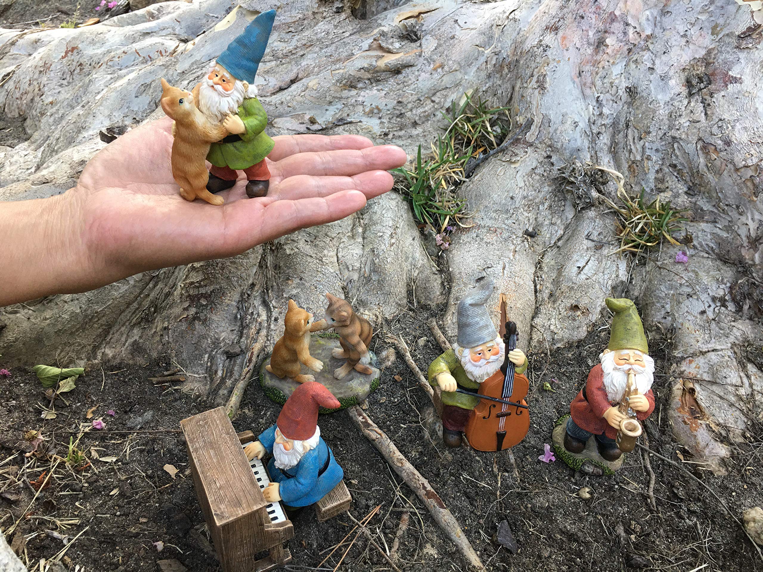 GlitZGlam Happy Miniature Gnomes and Cats Dancing Celebration! - 6-Piece Musical Garden Gnome Set for the Miniature Fairy Garden